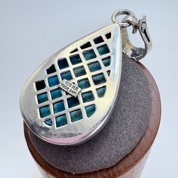 VTG Sterling Silver 925 Turquoise Bezel Set Teardrop Pendant Size 2.5" Length - Picture 4 of 10
